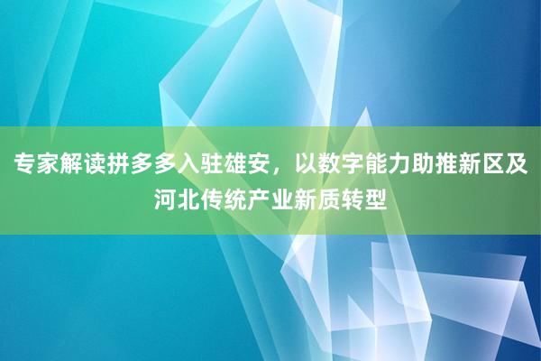 专家解读拼多多入驻雄安，以数字能力助推新区及河北传统产业新质转型
